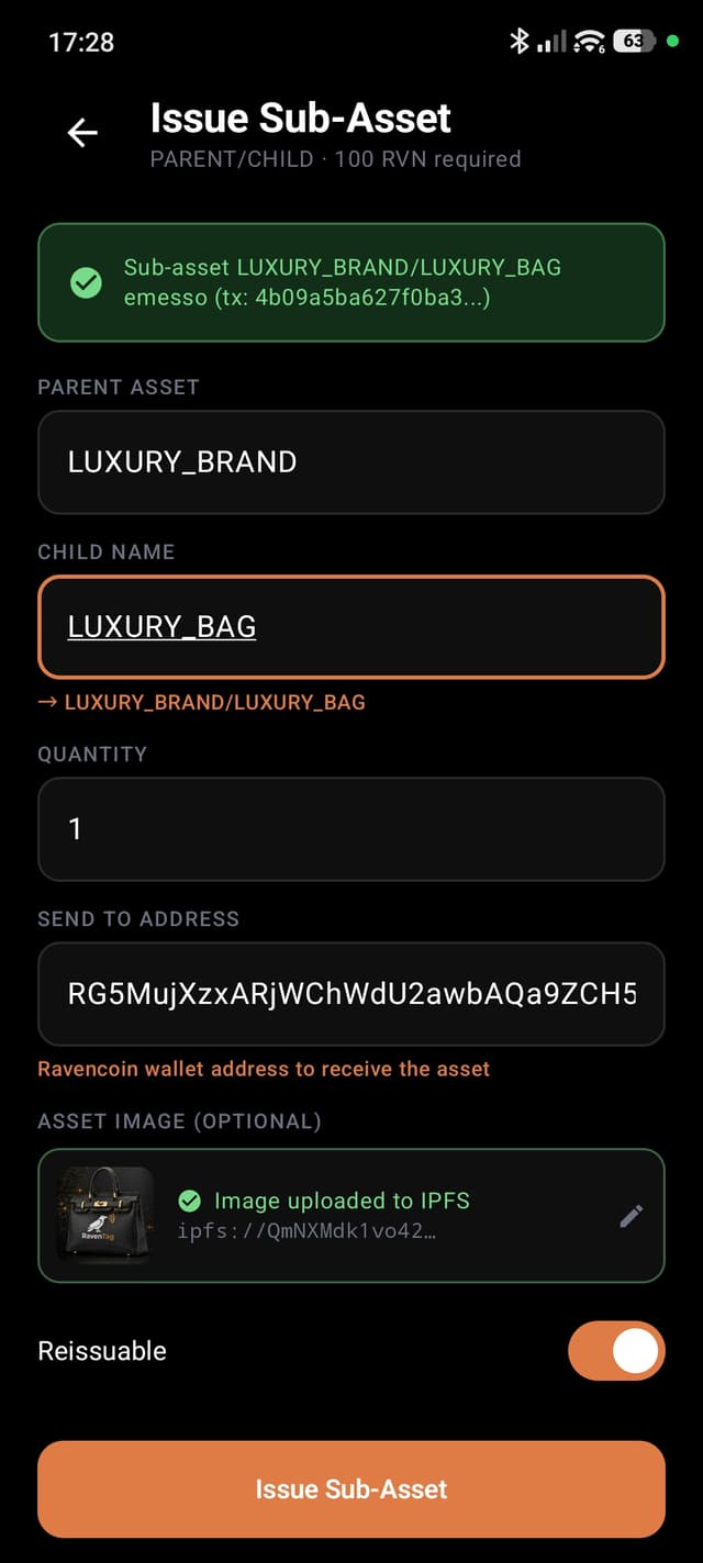 Sub-asset: 100 RVN, defines a product line within the brand