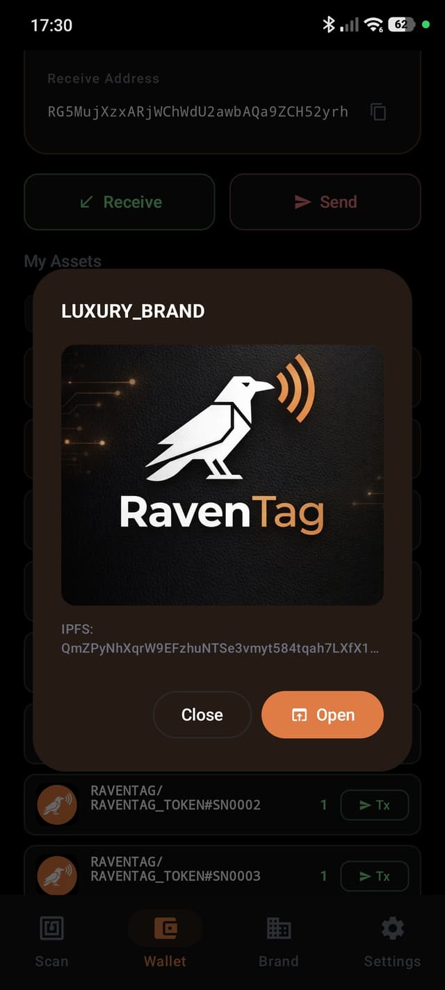 Root asset LUXURY_BRAND: brand namespace with IPFS image, ready to send or receive