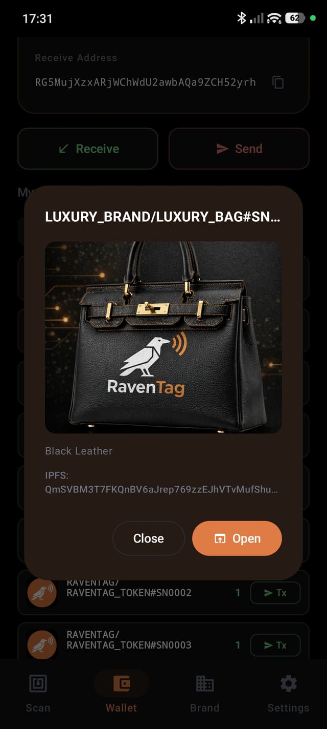 Unique token LUXURY_BRAND/LUXURY_BAG#SN0001: tied to the physical black leather bag, transferred to the end buyer as proof of ownership